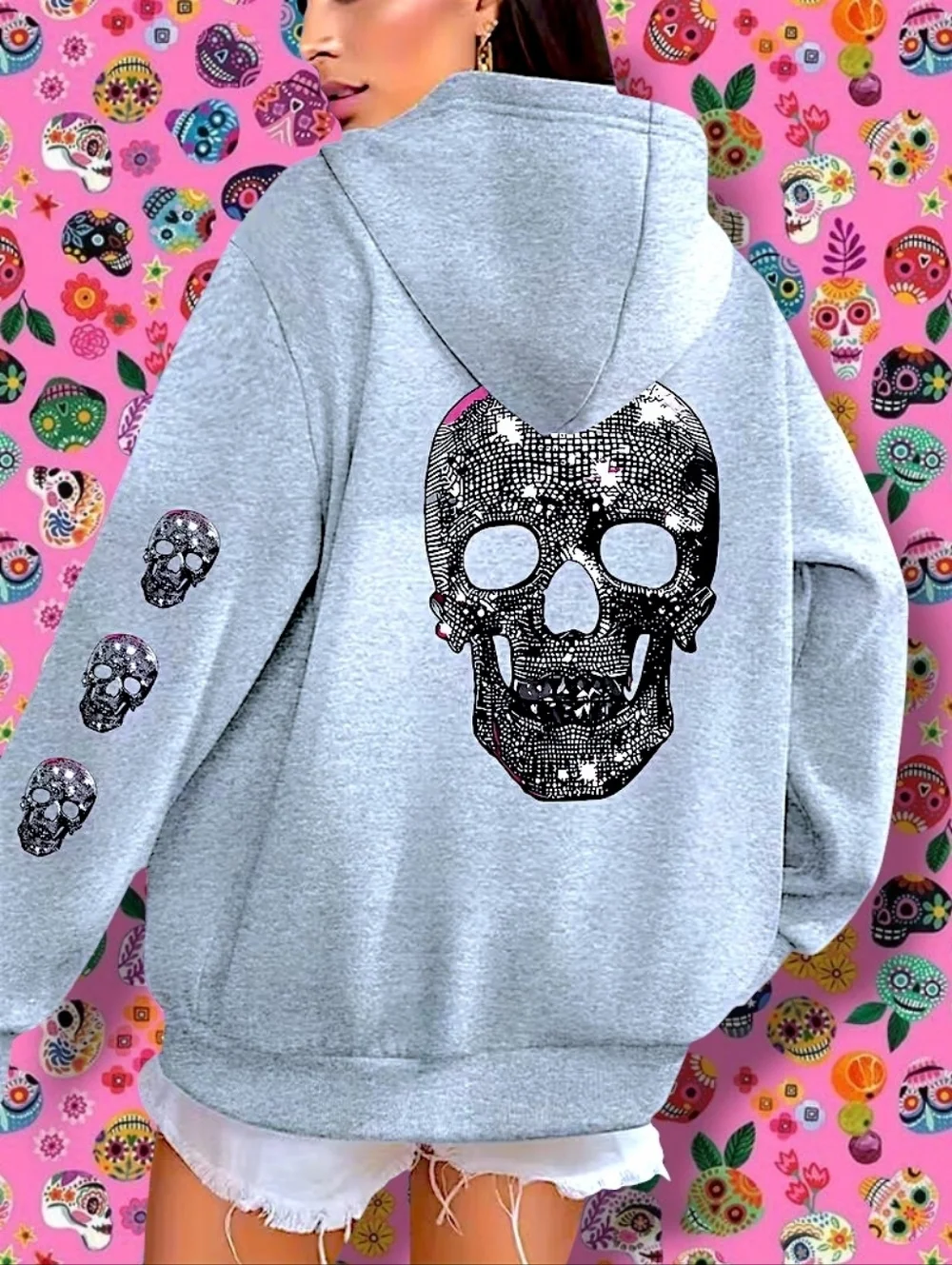 Women's Skull Pattern Printed Casual Fleece-Lined Pullover Hoodie in Gray Sz XXL - Picture 5 of 13